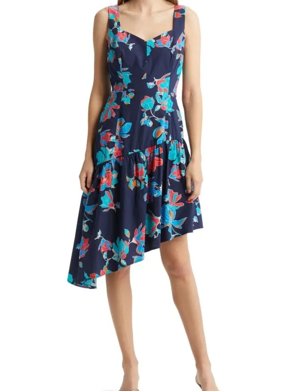 Du Paradis Floral Asymmetrical 100% Cotton Midi Dress